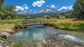 Scenic wooden bridge over a flowing stream in a lush forest setting during the day photo