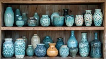 Display of traditional ceramic jars in a quaint shop during late afternoon photo