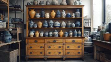 Display of traditional ceramic jars in a quaint shop during late afternoon photo
