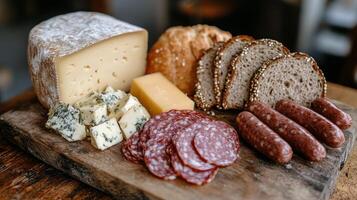 Cheese and charcuterie board featuring various cheeses, meats, and herbs photo