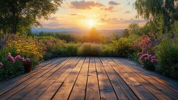 Sunset over a picturesque garden with vibrant flowers and mountains in the distance photo