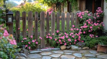 Beautiful pink climbing roses adorning a weathered wooden fence in a serene garden setting photo