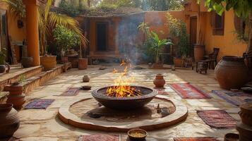 Meditation gathering in serene location with fire ceremony at sunset photo