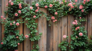 Beautiful pink climbing roses adorning a weathered wooden fence in a serene garden setting photo