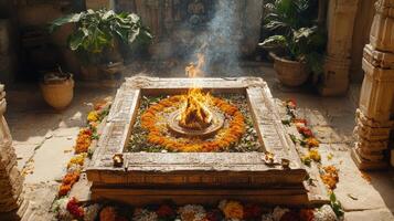 Meditation gathering in serene location with fire ceremony at sunset photo