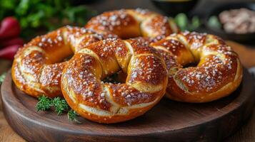 Freshly baked bagels and fruit arranged beautifully in a picturesque rural setting photo