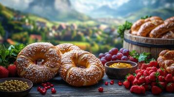 Freshly baked bagels and fruit arranged beautifully in a picturesque rural setting photo