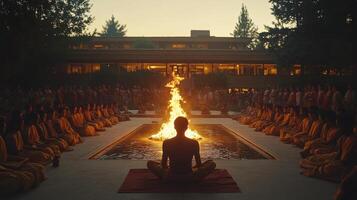 Meditation gathering in serene location with fire ceremony at sunset photo