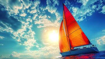 Brightly colored sailboat gliding across the ocean under a vibrant sunset sky photo