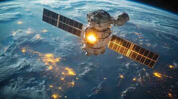 Stunning view of Earth at night showcasing city lights and natural features from space photo