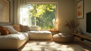Cozy living room with natural elements and neutral tones in a modern home photo