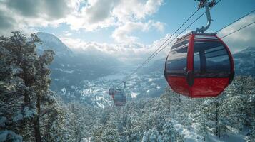 Scenic cable cars traverse the mountainside with autumn foliage and towering peaks in the background photo