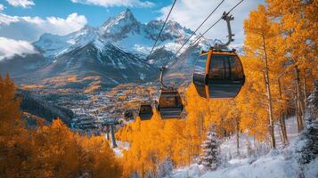 Scenic cable cars traverse the mountainside with autumn foliage and towering peaks in the background photo