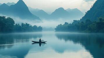Fisherman casting net on calm river surrounded by misty mountains at dawn photo