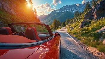 Classic convertible drives along scenic coastal highway with ocean views photo