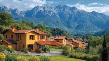 Mountain village with yellow buildings and cloudy sky in the background during a rainy day photo