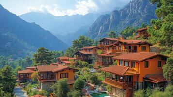 Mountain village with yellow buildings and cloudy sky in the background during a rainy day photo
