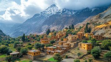 Mountain village with yellow buildings and cloudy sky in the background during a rainy day photo
