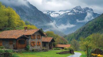Serene village nestled in lush mountains during a cloudy day photo