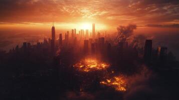 Devastation from wildfire under a dramatic sunset in a suburban area photo