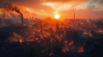 Devastation from wildfire under a dramatic sunset in a suburban area photo