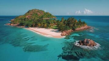 Beautiful tropical island with white sand beach and crystal clear water surrounded by lush greenery photo