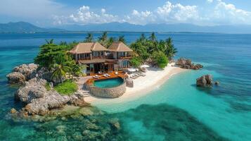 Beautiful tropical island with white sand beach and crystal clear water surrounded by lush greenery photo