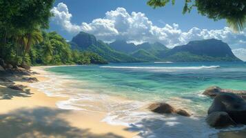Beautiful tropical island with white sand beach and crystal clear water surrounded by lush greenery photo