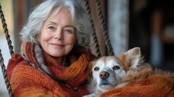 Woman with gray hair and glasses relaxing on porch with dog in cozy sweater during autumn afternoon photo