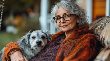 Woman with gray hair and glasses relaxing on porch with dog in cozy sweater during autumn afternoon photo