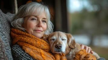 Woman with gray hair and glasses relaxing on porch with dog in cozy sweater during autumn afternoon photo