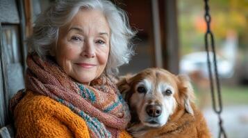 Woman with gray hair and glasses relaxing on porch with dog in cozy sweater during autumn afternoon photo