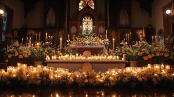 Memorial altar adorned with candles and flowers in a serene chapel setting photo