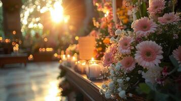 Memorial altar adorned with candles and flowers in a serene chapel setting photo