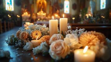 Memorial altar adorned with candles and flowers in a serene chapel setting photo