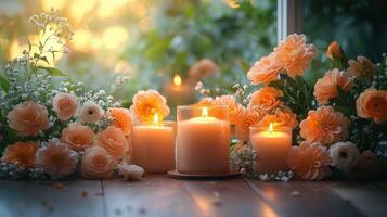 Memorial altar adorned with candles and flowers in a serene chapel setting photo