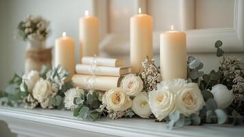Elegant flower and candle arrangement on a decorative mantel with soft lighting photo