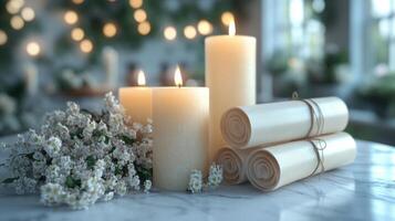 Elegant flower and candle arrangement on a decorative mantel with soft lighting photo