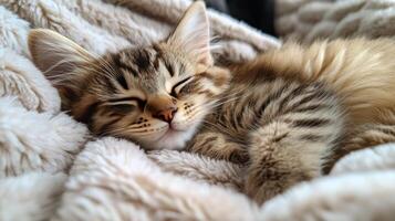 Soft and fluffy kitten napping peacefully on cozy blanket in a warm environment photo
