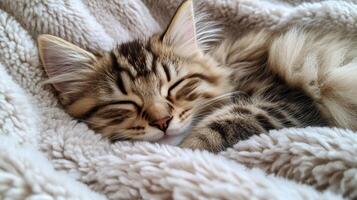 Soft and fluffy kitten napping peacefully on cozy blanket in a warm environment photo