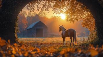 Beautiful chestnut horse standing in a field at sunset with a barn in the background photo