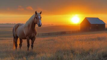 Beautiful chestnut horse standing in a field at sunset with a barn in the background photo