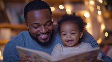 Smiling baby reading a colorful book while lying on a soft rug indoors photo