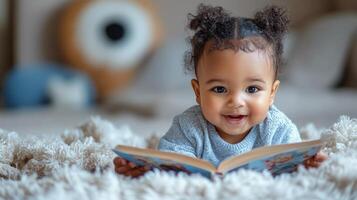 Smiling baby reading a colorful book while lying on a soft rug indoors photo