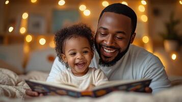 Smiling baby reading a colorful book while lying on a soft rug indoors photo