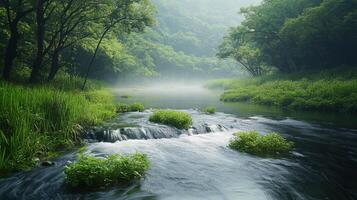 Lush river flowing through green forest with misty mountains in the background during a cloudy day photo