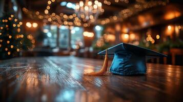 Graduation cap rests on wooden table amid festive lights in a celebratory venue photo