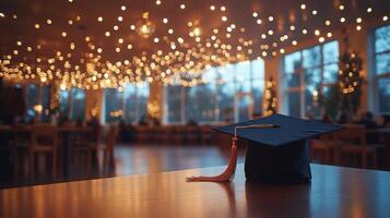 Graduation cap rests on wooden table amid festive lights in a celebratory venue photo