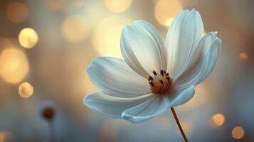 Beautiful white flower blooming with soft bokeh background during golden hour lighting photo