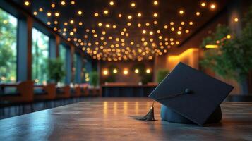 Graduation cap rests on wooden table amid festive lights in a celebratory venue photo